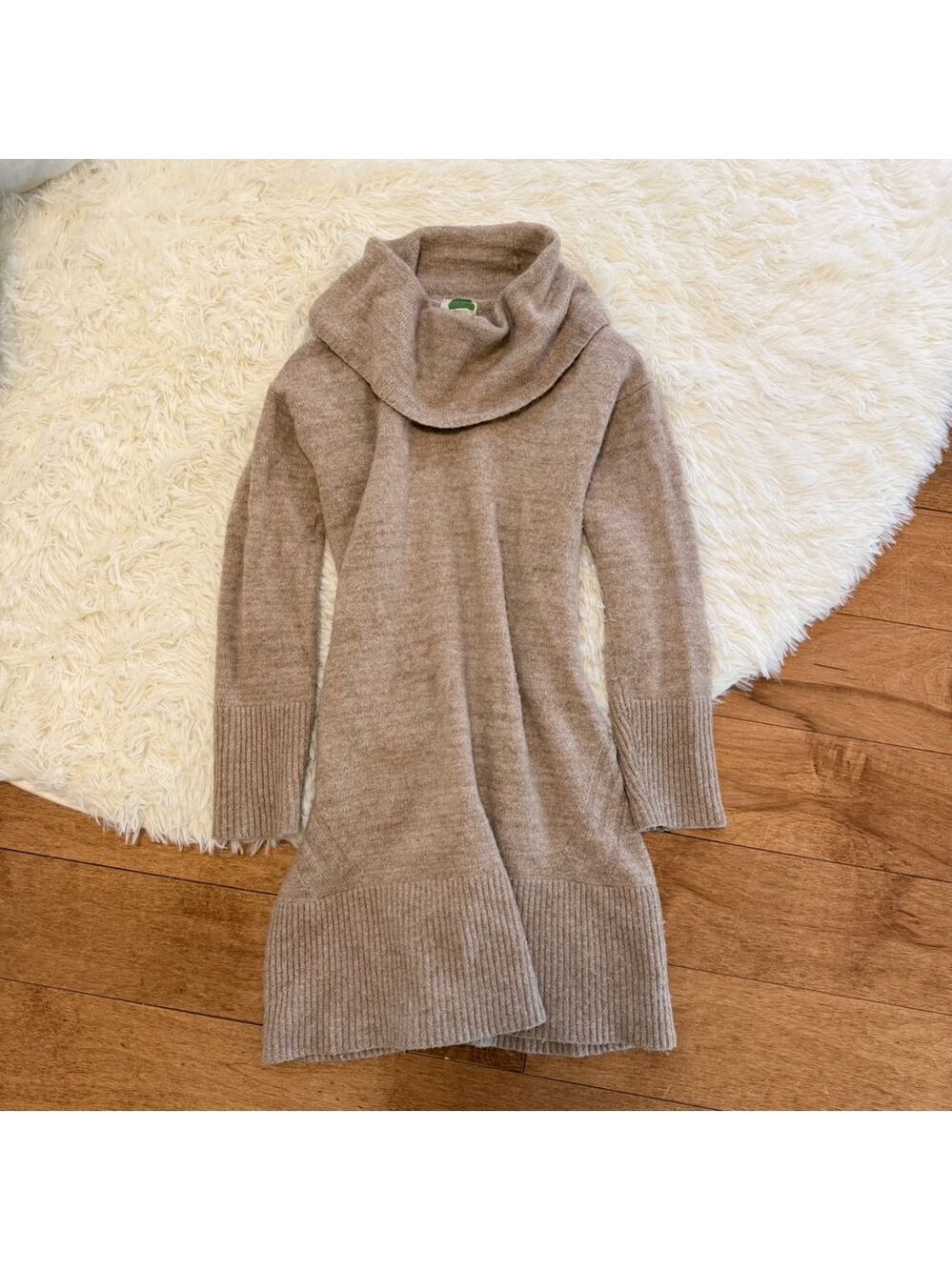 Anthropologie Cowl Neck Sweater Dress Womens Small Tan Beige‎ Wool Alpaca Blend